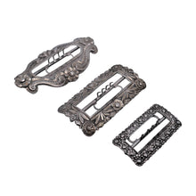 Load image into Gallery viewer, Set of 3 silver metal belt buckles, late 19th century, early 20th century
