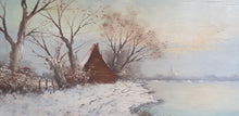 Charger l'image dans la galerie, Huile sur panneau signée : Paysage sous la neige Le charme des violettes - Brocante en ligne