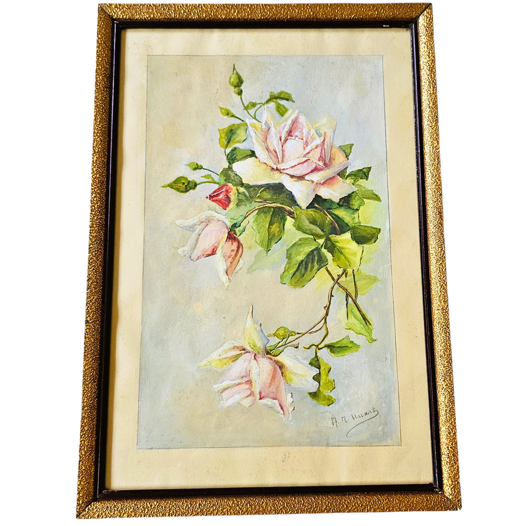 HUART A.M., aquarelle originale signée à décor de roses, 1è moitié du XXè