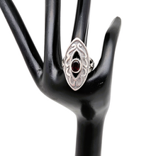 Load image into Gallery viewer, Art deco ring, shuttle shape, in chiseled 925 silver, set with a faceted garnet, 1920s-1930s
