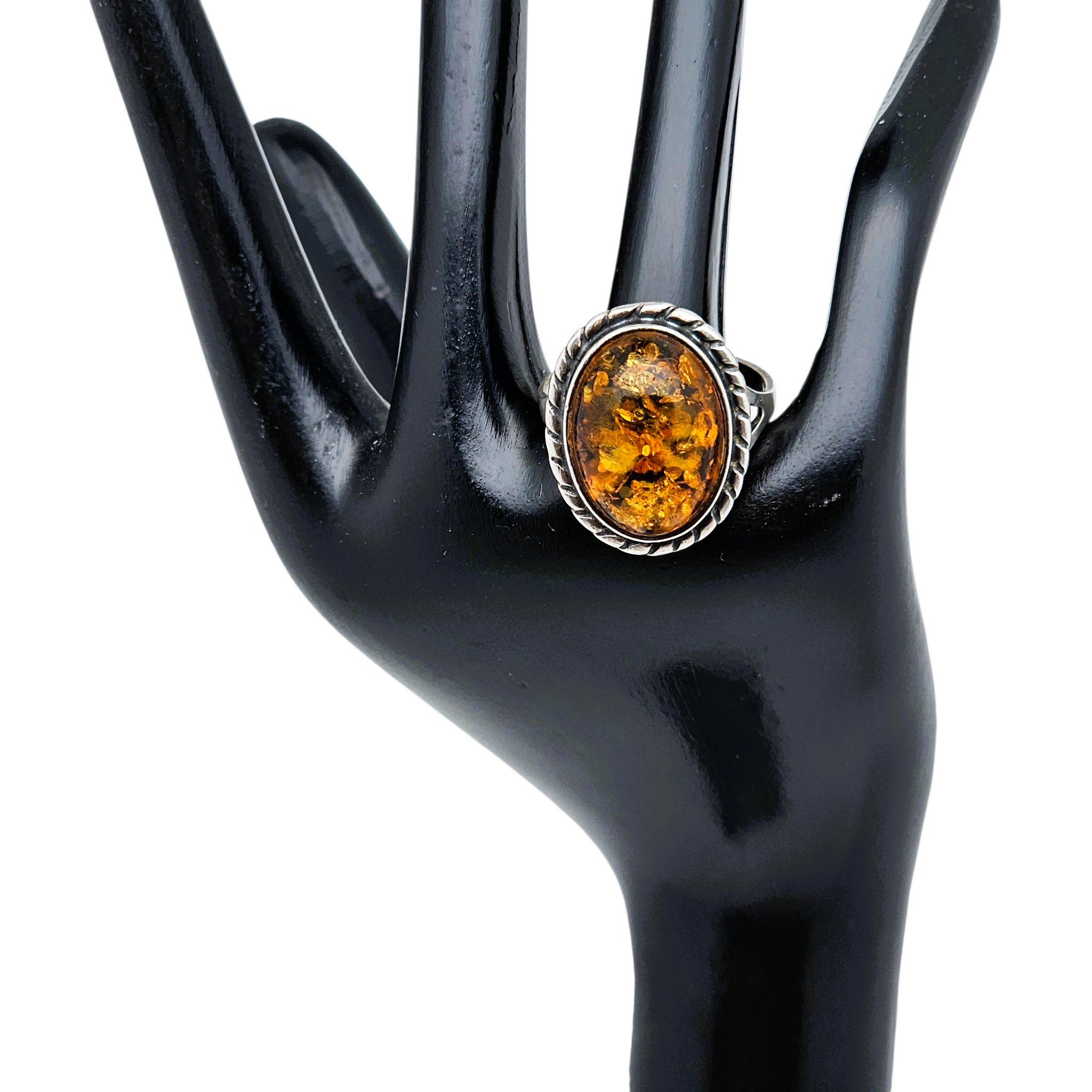 Bague Vintage Argent Sterling Avec Ambre Naturel – Occasion – Bijou Ancien