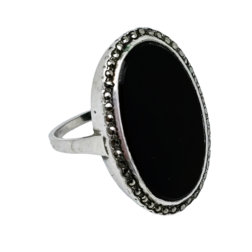 Old Art Deco silver ring set with black onyx and marcasites