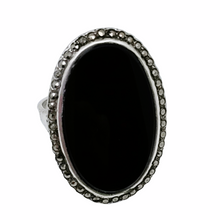 Load image into Gallery viewer, Old Art Deco silver ring set with black onyx and marcasites
