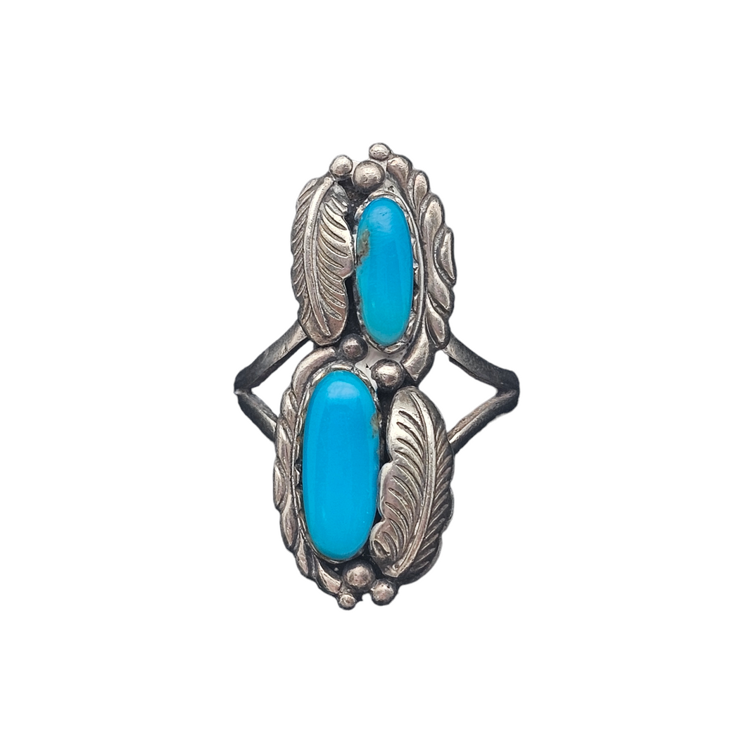 Old Native American ring in 925 silver set with 2 turquoises