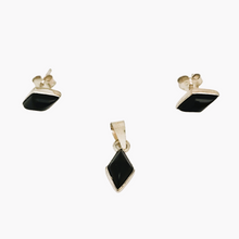 Charger l&#39;image dans la galerie, Boucles d&#39;oreilles et pendentif vintage en argent 925 et onyx noir, design scandinave, années 1970
