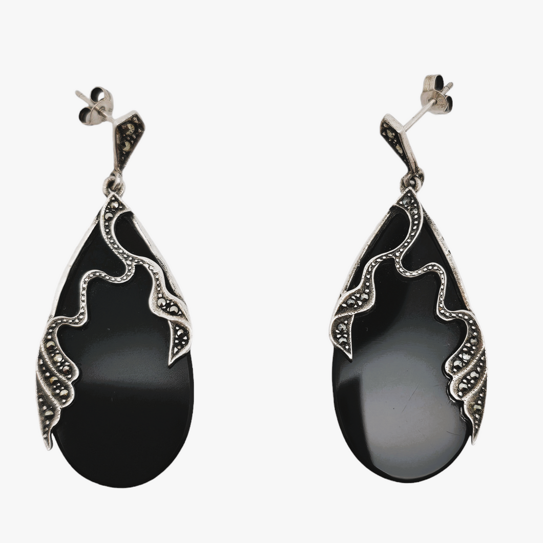 Art Deco drop-shaped earrings in 925 silver, black onyx and marcasites, 1920s-1930s