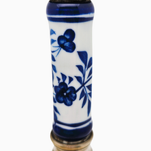 Load image into Gallery viewer, Pair of vintage candlesticks in silver-plated brass and white and blue Asian ceramic, 1970s
