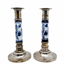 Load image into Gallery viewer, Pair of vintage candlesticks in silver-plated brass and white and blue Asian ceramic, 1970s
