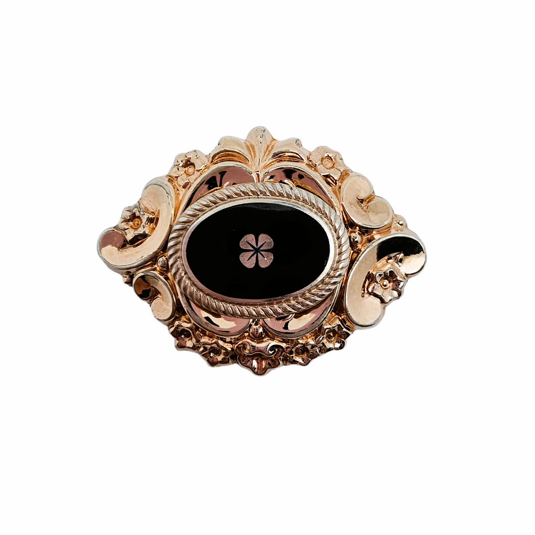 Broche Biedermeier en plaqué or et onyx noir, XIXè