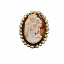Load image into Gallery viewer, Shell cameo pendant brooch surrounded by pearls representing a young woman in an 800 silver setting, early 20th century
