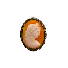 Load image into Gallery viewer, Shell cameo pendant brooch representing the God Apollo with laureate head, in an 800/1000 silver setting set with marcasites, early 20th century
