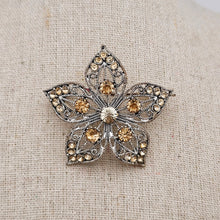Afbeelding in Gallery-weergave laden, Broche fleur ajourée vintage aux strass couleur ambre, années 1970-80 Le Charme des Violettes - Brocante en ligne
