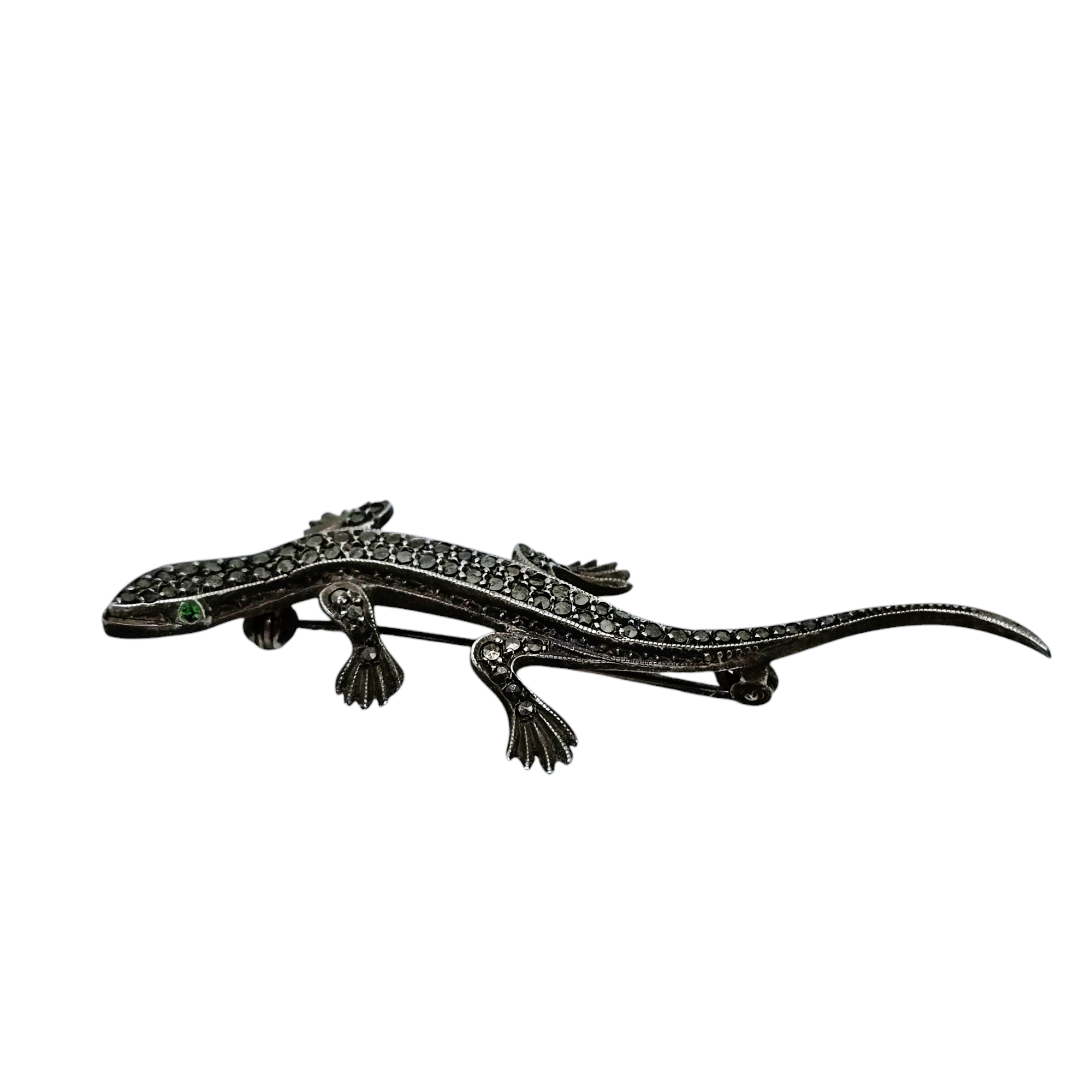 Broche Fantaisie Art Déco - Lézard En Métal Argenté - Bijou Vintage Ou D'occasion