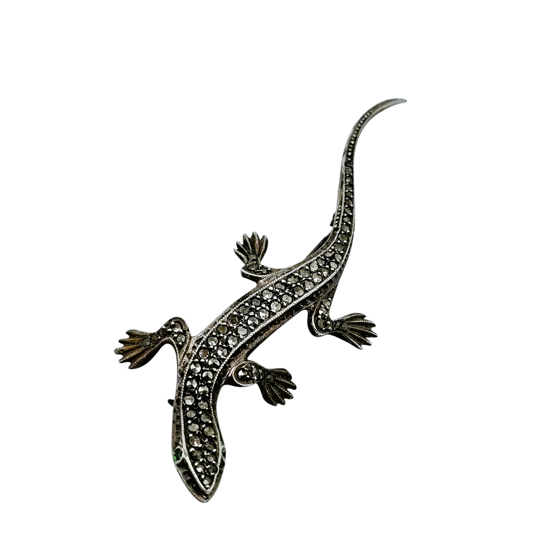 Broche Art déco en forme de lézard en argent 835 sertie de marcassites, années 1930