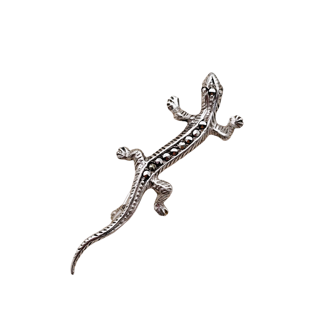 Broche en forme de lézard ancienne en argent 800, sertie de marcassites, années 1920-1930