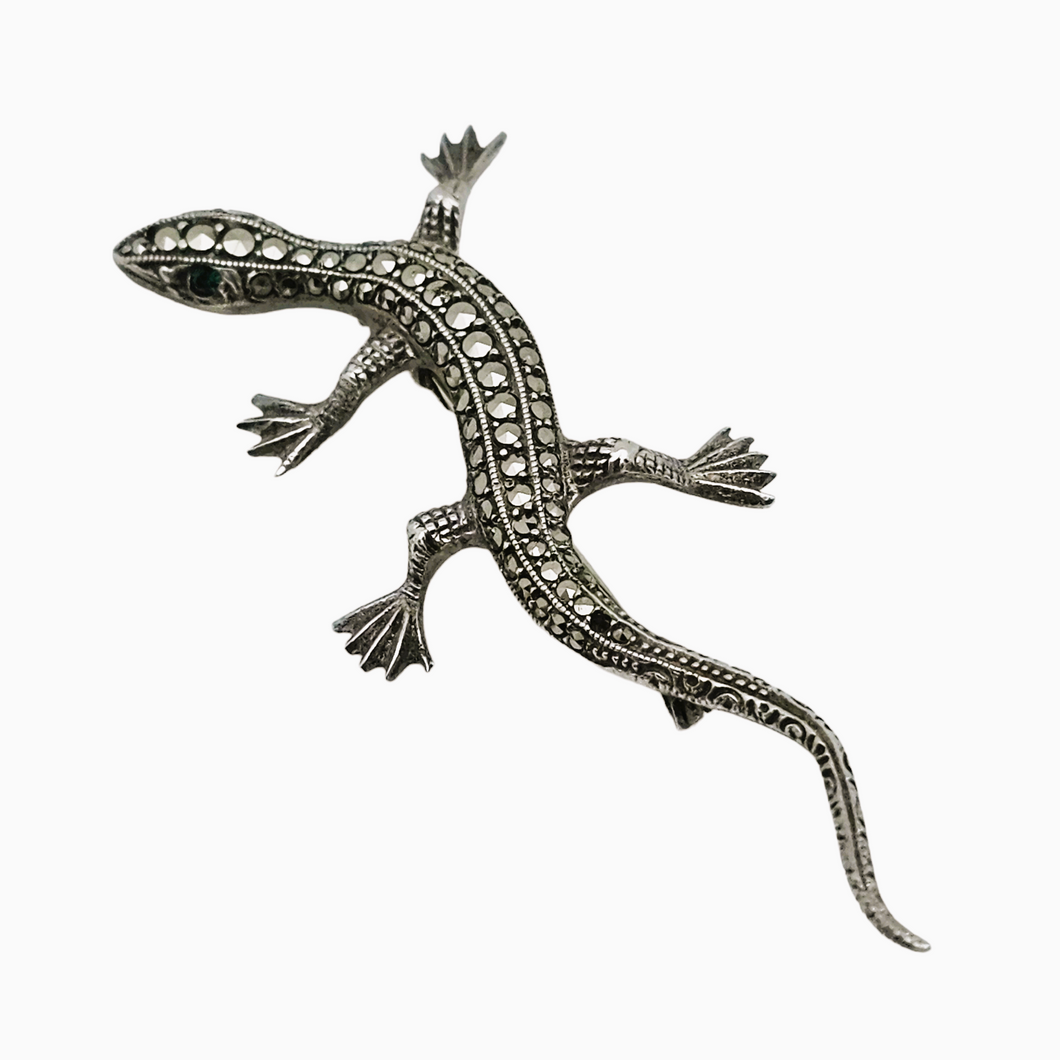 Old lizard brooch in 835 silver, set with marcasites