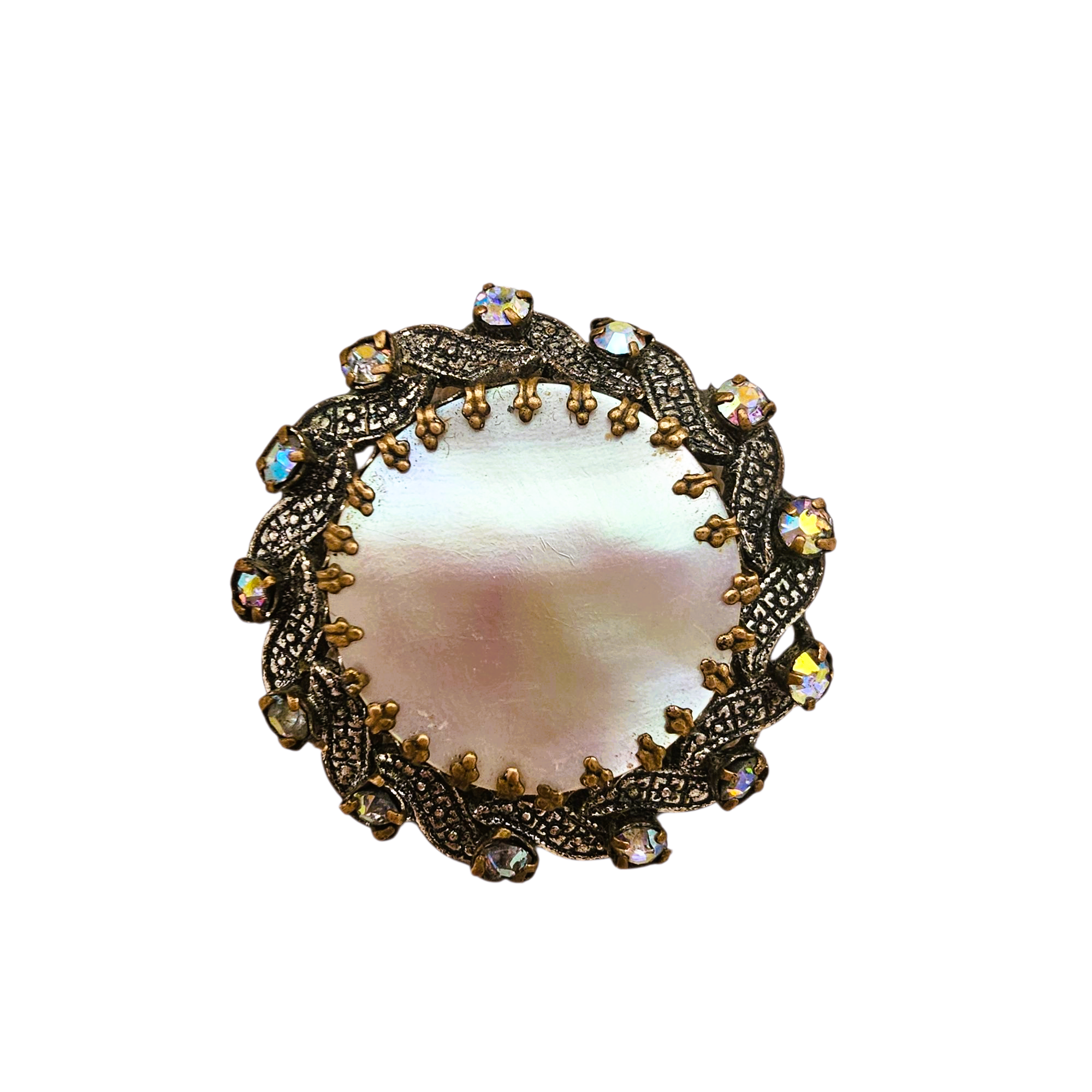 Magnifique broche vintage LISNER nacre trèfle à quatre feuilles avec strass Magnifique broche vintage LISNER nacre trèfle à quatre feuilles avec strass