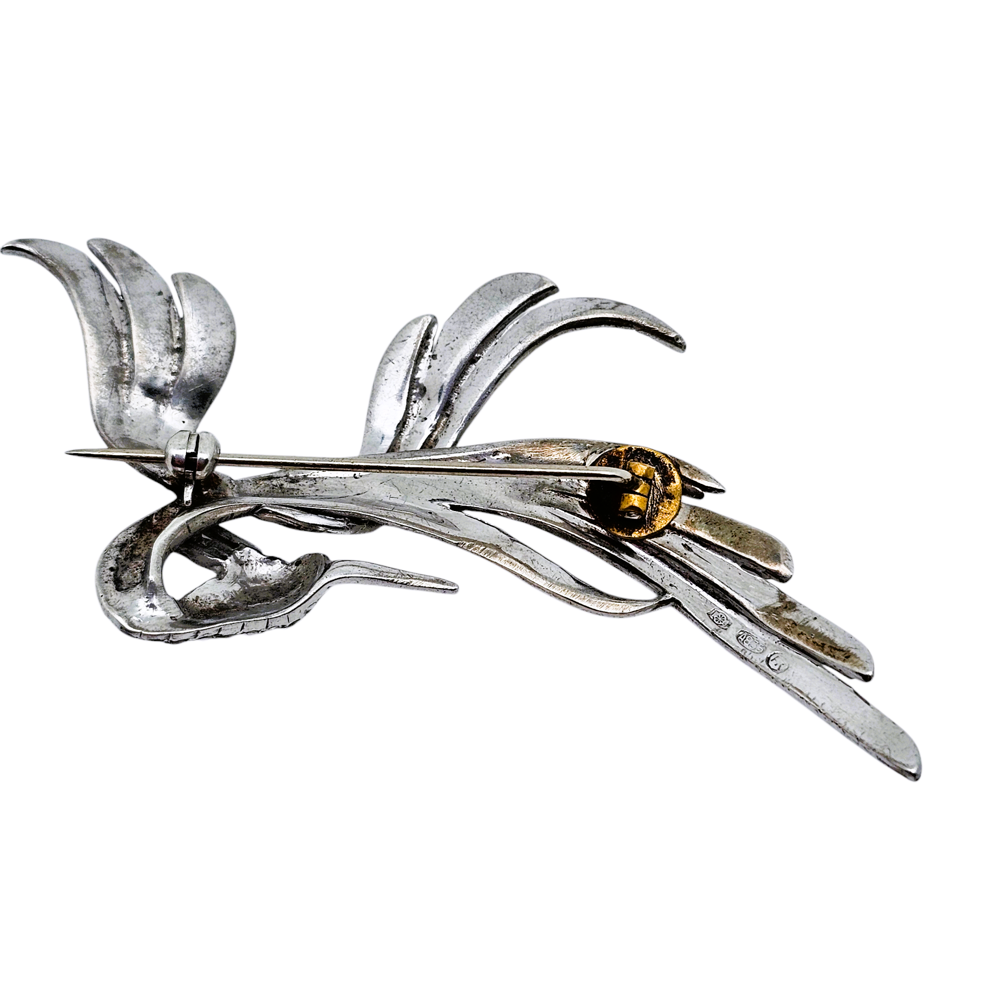 Broche oiseau de paradis en or multicolore des années 50 sertie de diamants