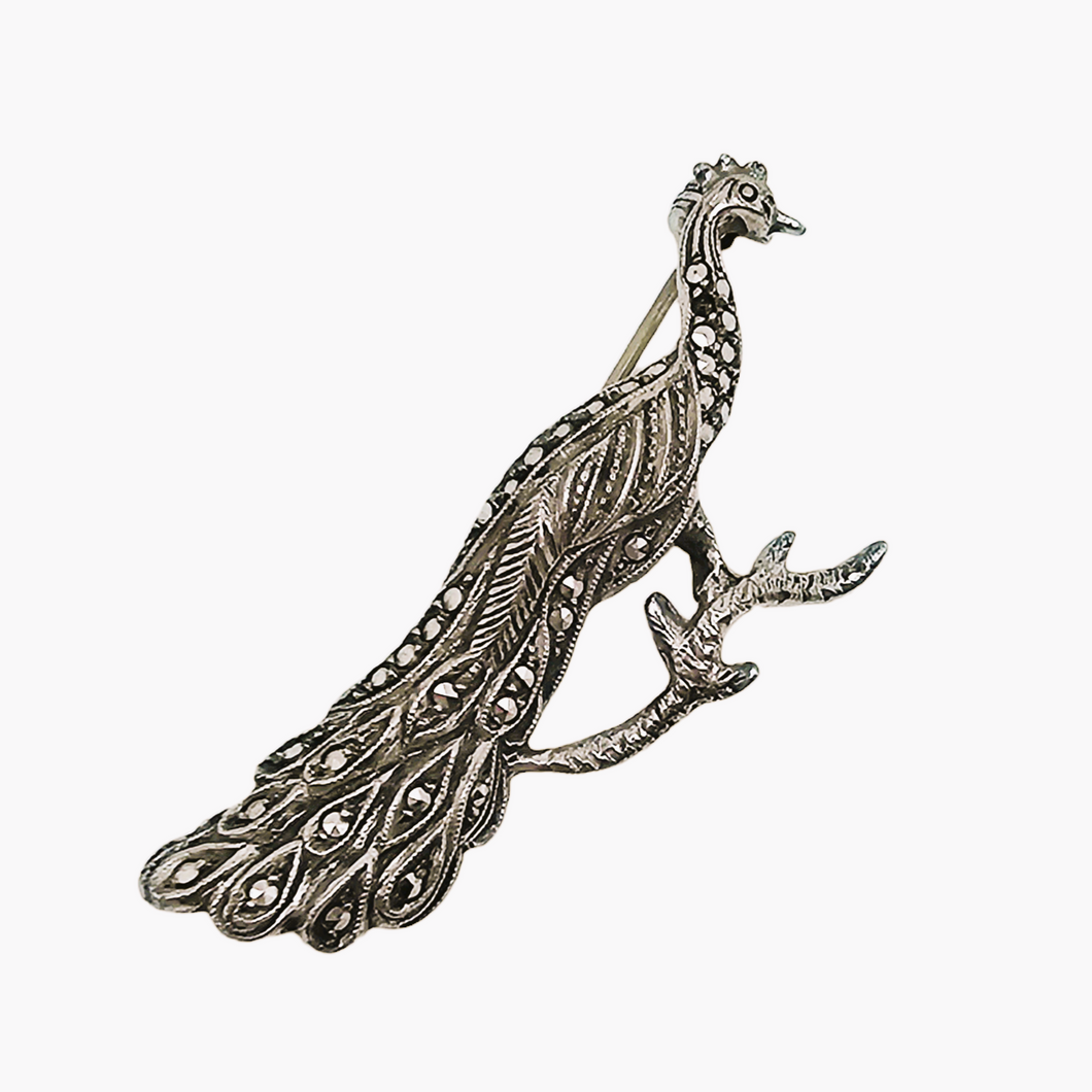Old peacock brooch in 835 silver, set with marcasites