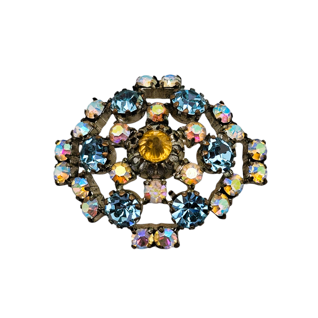 Broche vintage ancienne sertie de strass de couleurs pastels