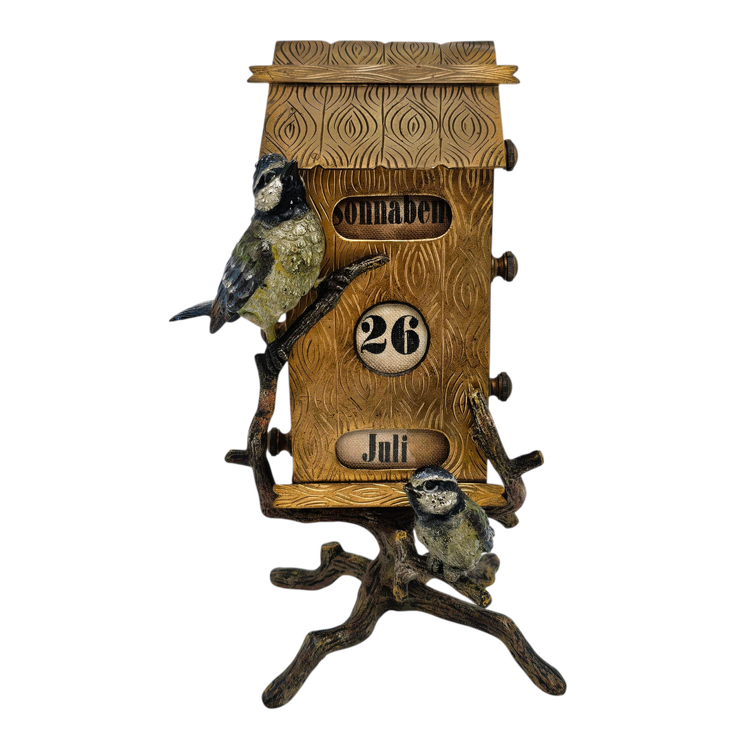 Calendrier perpétuel Art nouveau, maisonnette aux mésanges, en bronze de Vienne, vers 1900