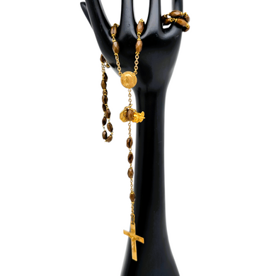Chapelet de Lourdes en plastique ancien moulé brun et métal doré, avec médailles et étui d’origine, années 1940-1960 Le Charme des Violettes - Brocante en ligne