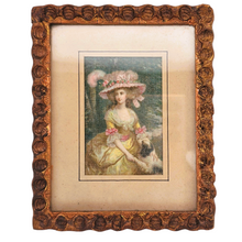 Afbeelding in Gallery-weergave laden, Elégante au chien, Chromolithographie sur toile marouflée sur carton encadrée, années 1900-1910
