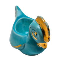 Charger l'image dans la galerie, Coquetier en céramique turquoise et or, en forme de poule, années 1950
