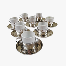 Load image into Gallery viewer, Cristofoli 90/Pozzani, Suite vintage de 8 tasses à espresso en métal argenté et porcelaine, années 1960
