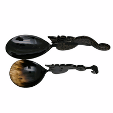 Load image into Gallery viewer, Pair of old rice spoons with dragon head and tail in horn and lacquer, Asia
