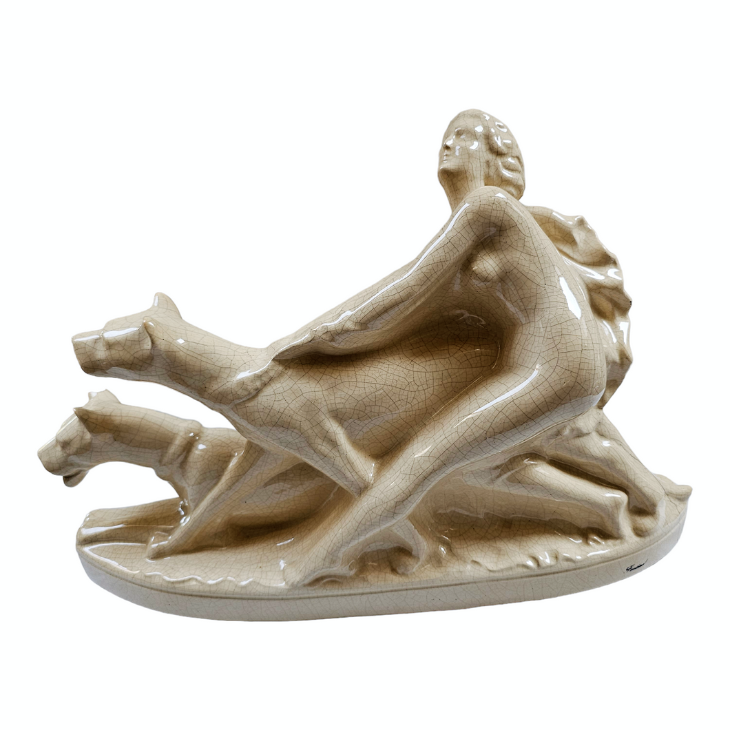Fontinelle. “Greyhound Lady”. Art Deco sculpture in cracked ceramic