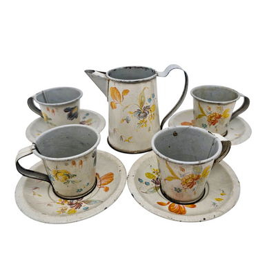 Dînette en tôle peinte à décor floral, vers 1930-1950 Le Charme des Violettes - Brocante en ligne