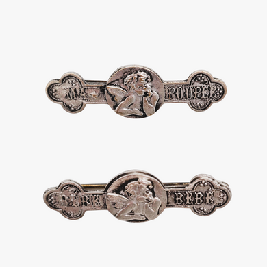 Duo de broches anciennes « Ma Poupée »  et « Bébé Bébé » en métal argenté, vers 1900 Le Charme des Violettes - Brocante en ligne