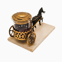 Load image into Gallery viewer, Encrier miniature Napoléon III au cheval et chariot, marbre, verre soufflé et métal doré ajouré, vers 1870 Le Charme des Violettes - Brocante en ligne
