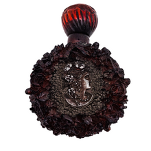 Load image into Gallery viewer, Flacon ancien en bakélite rouge ambré et médaillons argentés à décor de roses et profil féminin, vers 1920-1930 Le Charme des Violettes - Brocante en ligne
