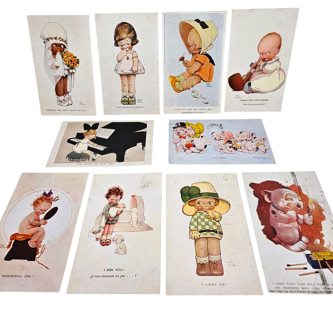 Lot de 10 cartes anciennes illustrées – Mabel Lucie Attwell et George Studdy (Bonzo), années 1920 Le Charme des Violettes - Brocante en ligne