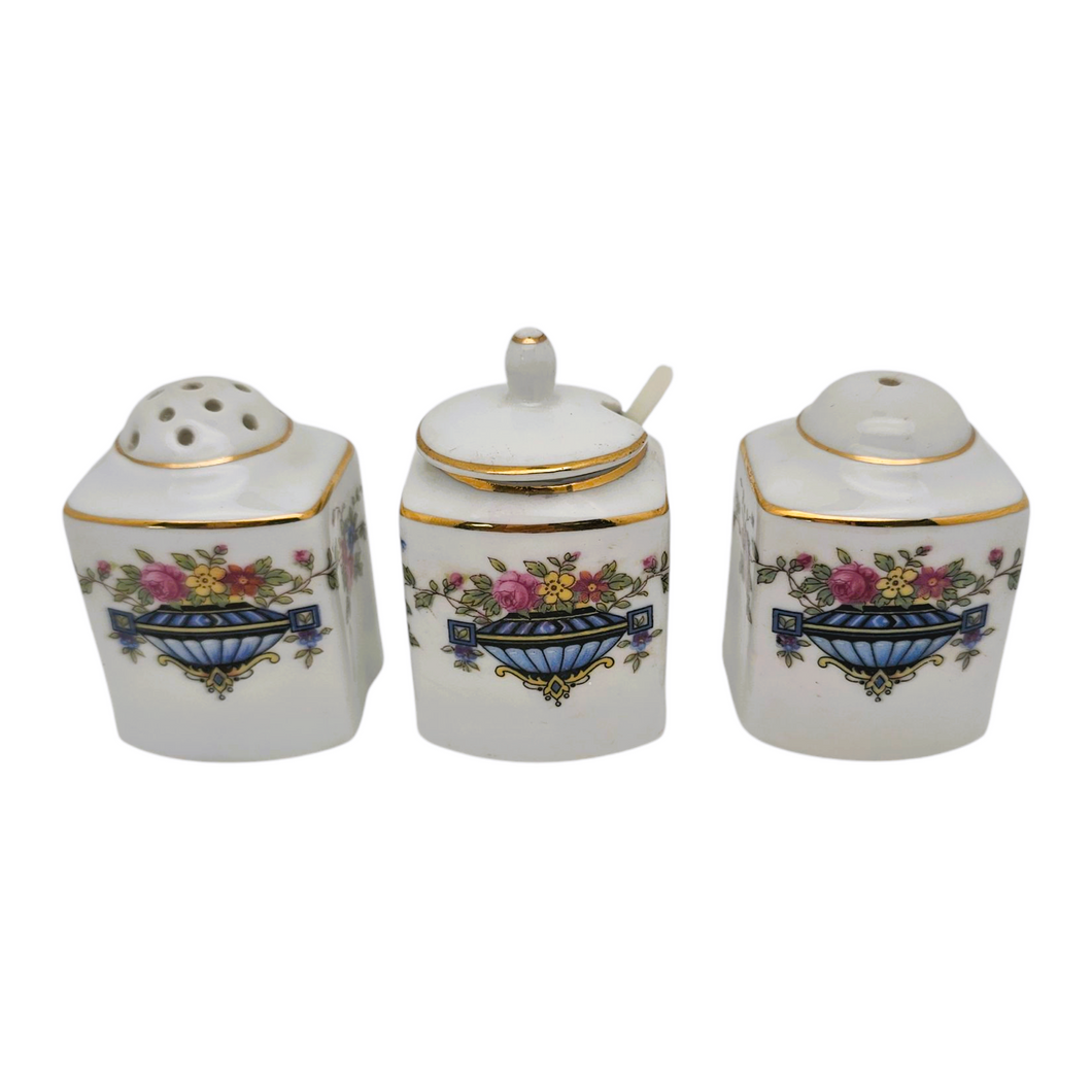 Ménagère trio Art déco, sel, poivre et moutarde, en porcelaine, années 1925