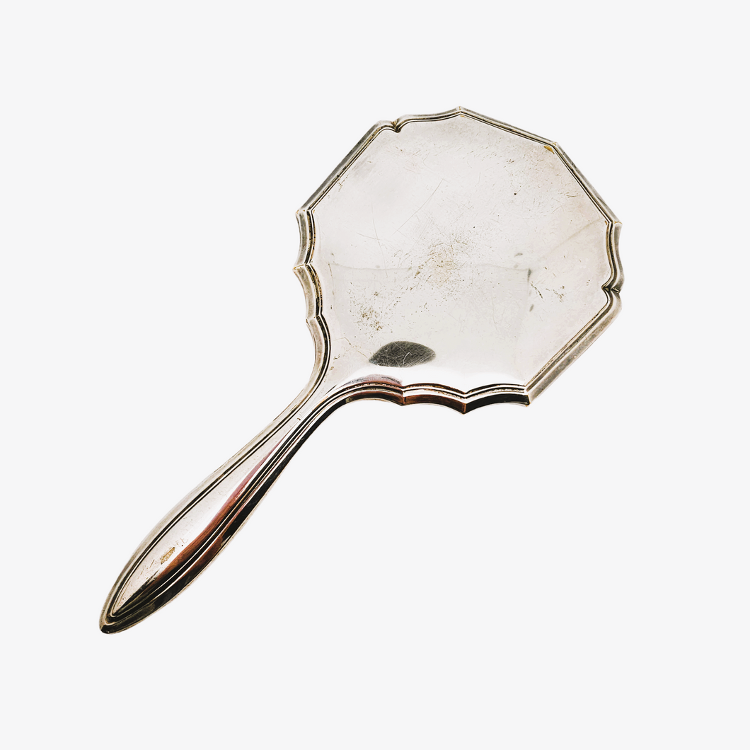 Miroir à main biseauté en métal argenté, années 1940-1950