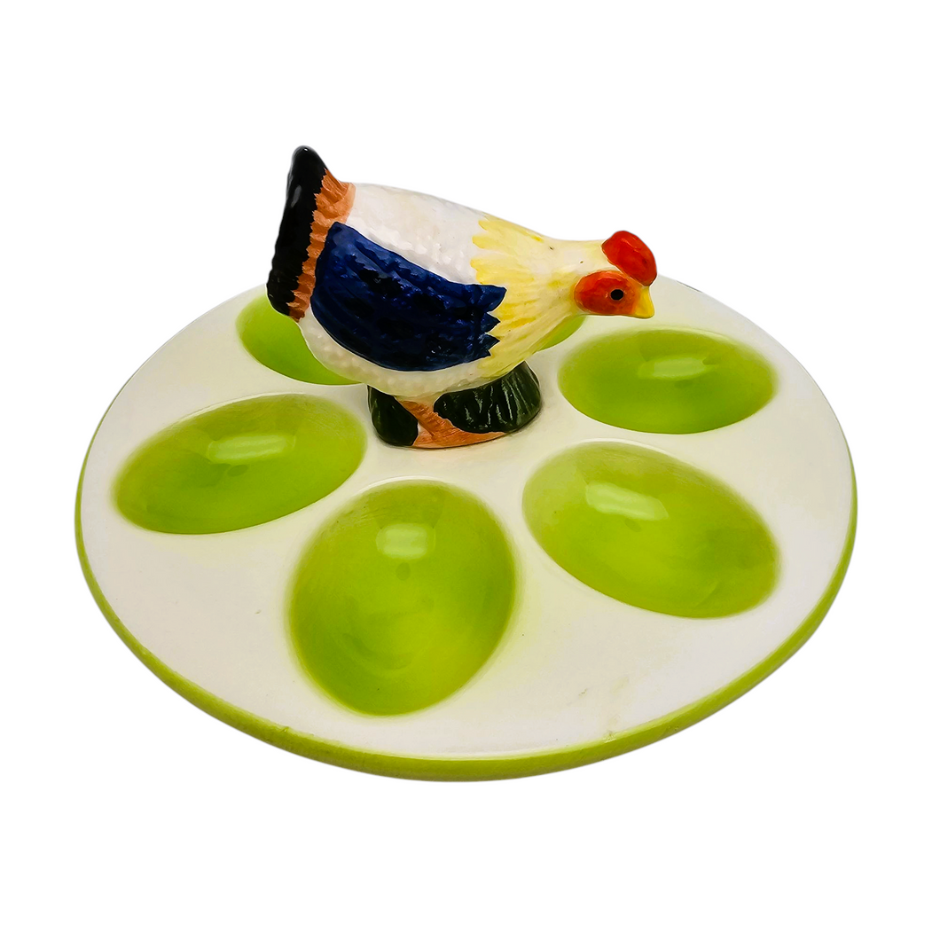 Oeufrier vintage en céramique colorée, orné d'une poule au centre, années 1960-1970