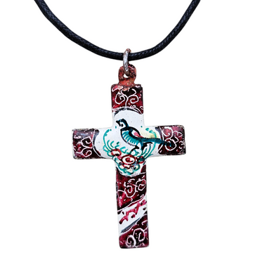 Pendentif en croix en cuivre émaillé à décor d’oiseau, vers 1960 Le Charme des Violettes - Brocante en ligne