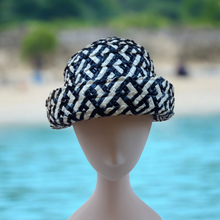 Load image into Gallery viewer, Vintage white and blue straw hat
