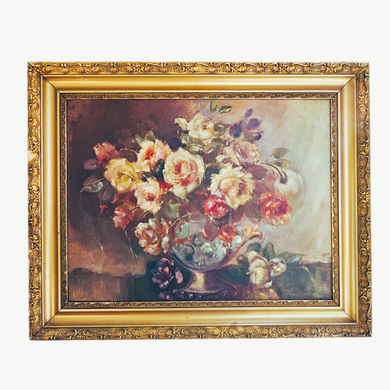 Huile sur panneau signée : Bouquet de roses romantiques Le charme des violettes - Brocante en ligne