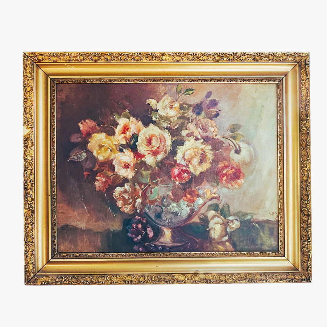 Huile sur panneau signée : Bouquet de roses romantiques Le charme des violettes - Brocante en ligne
