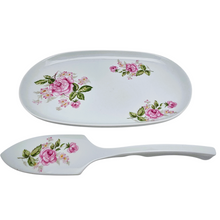 Charger l&#39;image dans la galerie, Limoges, Maison de la Porcelaine, Rose XVIIIè, Plat à gâteau et sa pelle vintage en porcelaine aux roses

