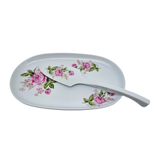 Charger l&#39;image dans la galerie, Limoges, Maison de la Porcelaine, Rose XVIIIè, Plat à gâteau et sa pelle vintage en porcelaine aux roses
