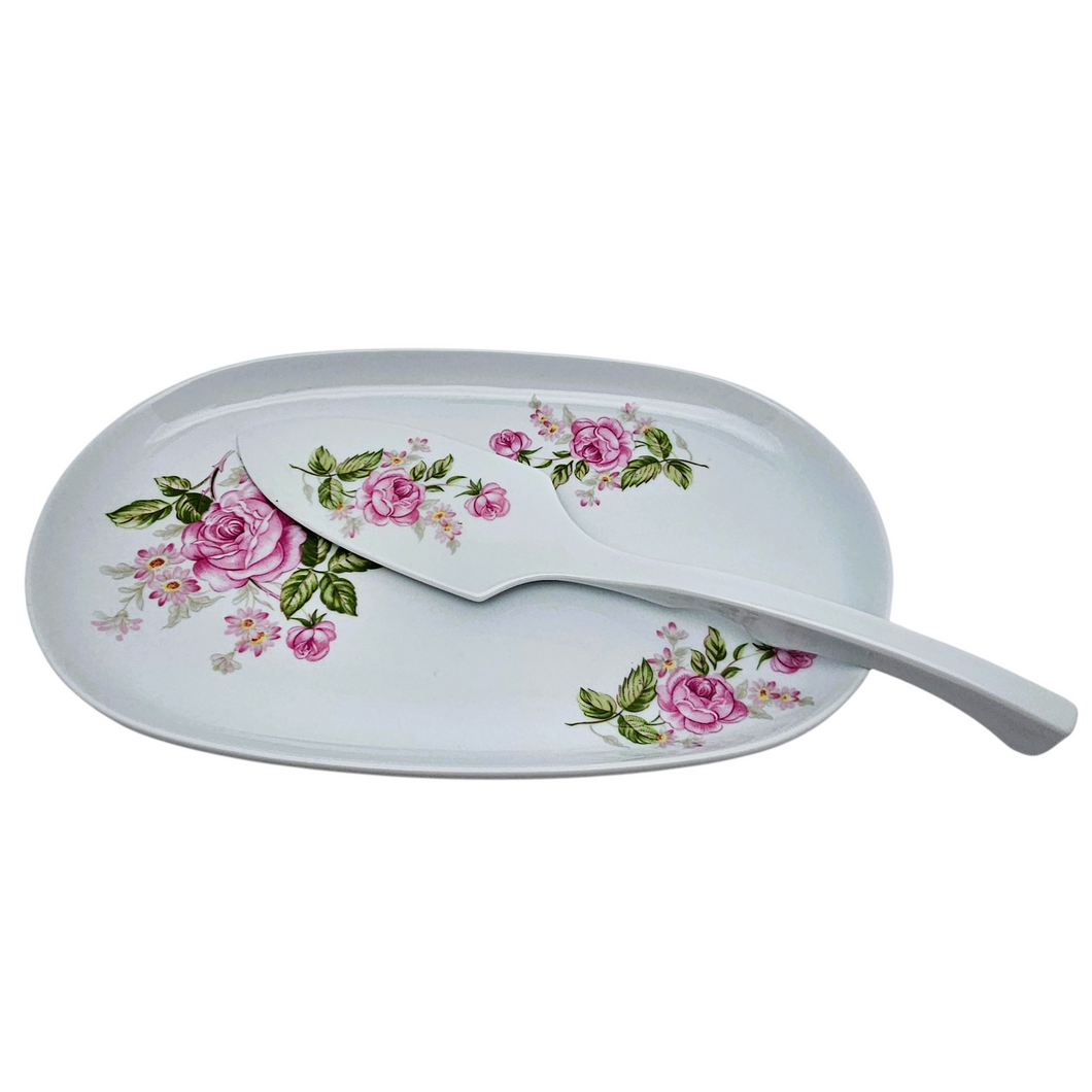 Limoges, Maison de la Porcelaine, Rose XVIIIè, Plat à gâteau et sa pelle vintage en porcelaine aux roses