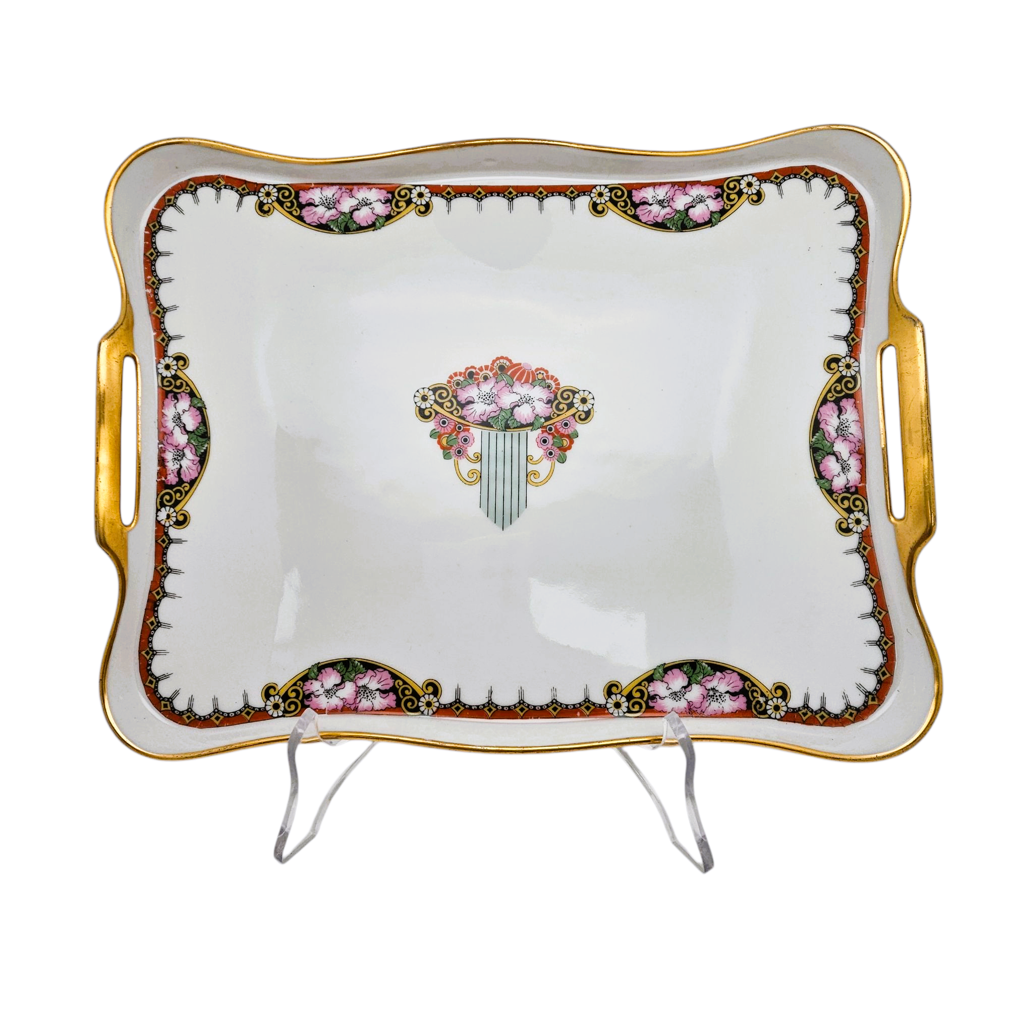 Plat à Cake Porcelaine De Limoges 1970 – Décor Plumes Peint Main – Vintage Rectangle