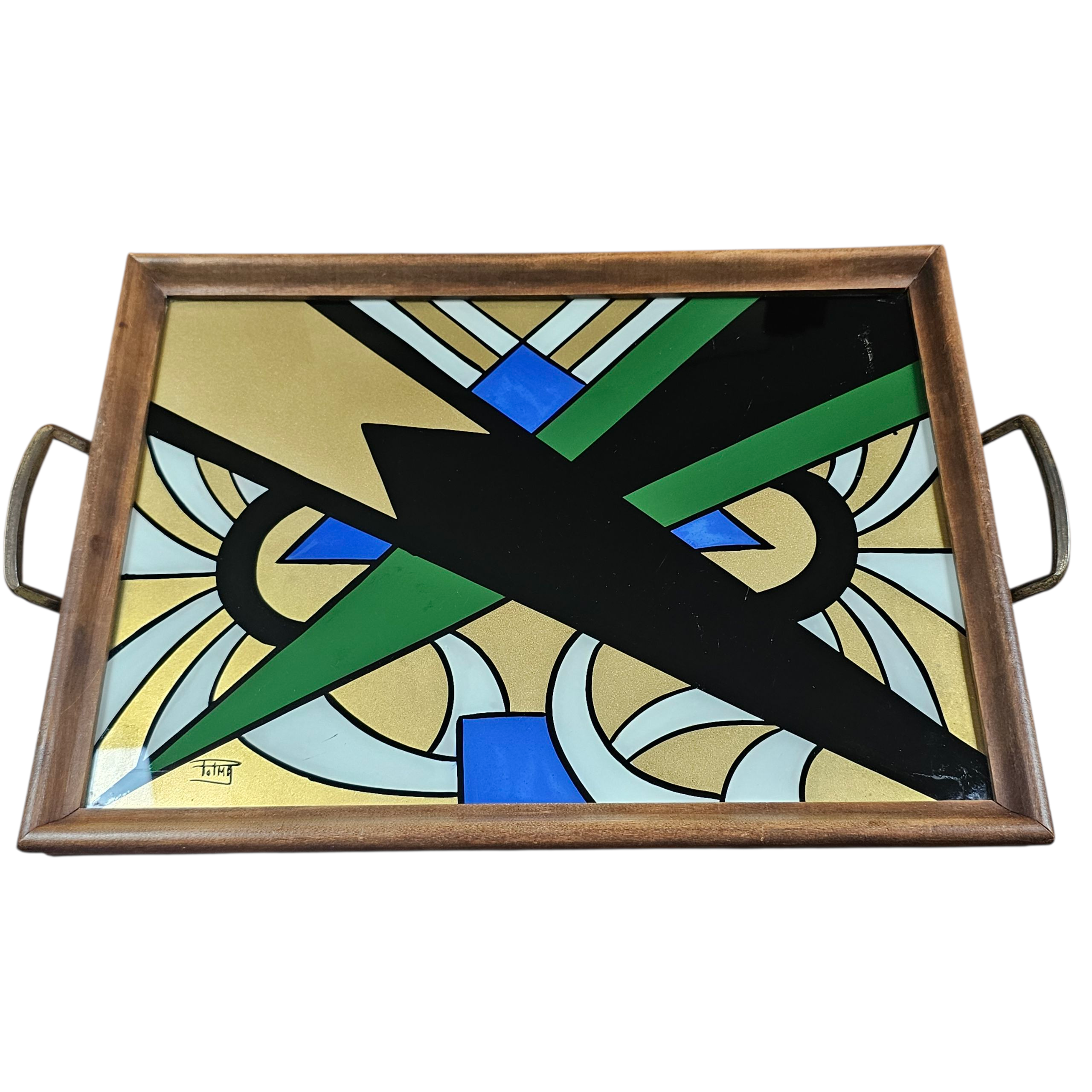 Plateau Art déco signé Polma en verre peint et bois, années 1920-1930 ...