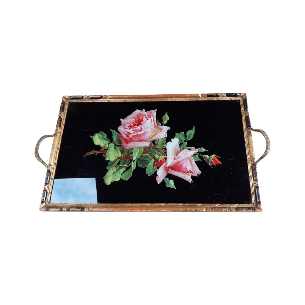 Plateau en verre et bois à motif de roses