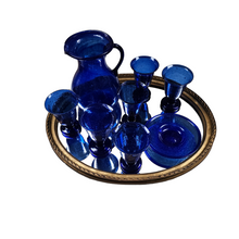 Load image into Gallery viewer, Suite of 6 glasses, 1 carafe and 1 vintage cup in mouth-blown blue glass, Egyptian craftsmanship
